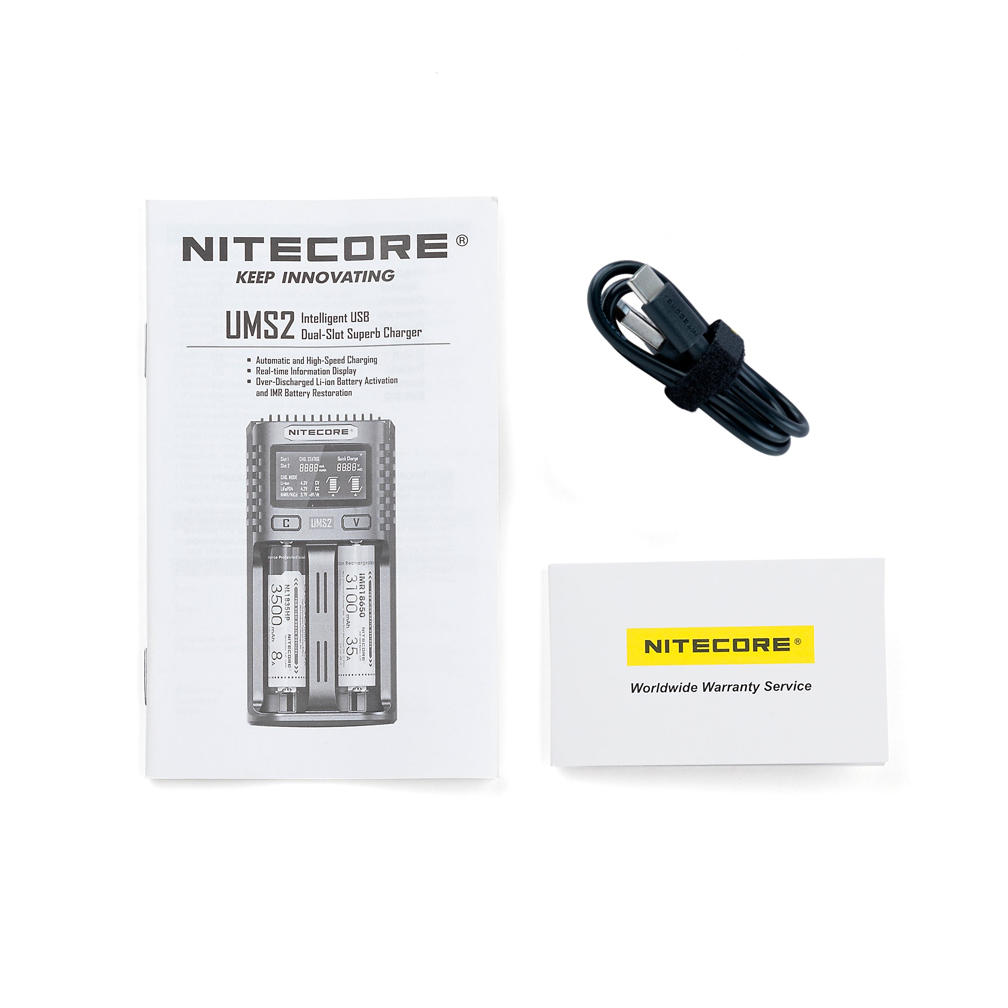 Nitecore UMS2 Dual-Slot USB Fast Charger, for 18650, 21700 batteries