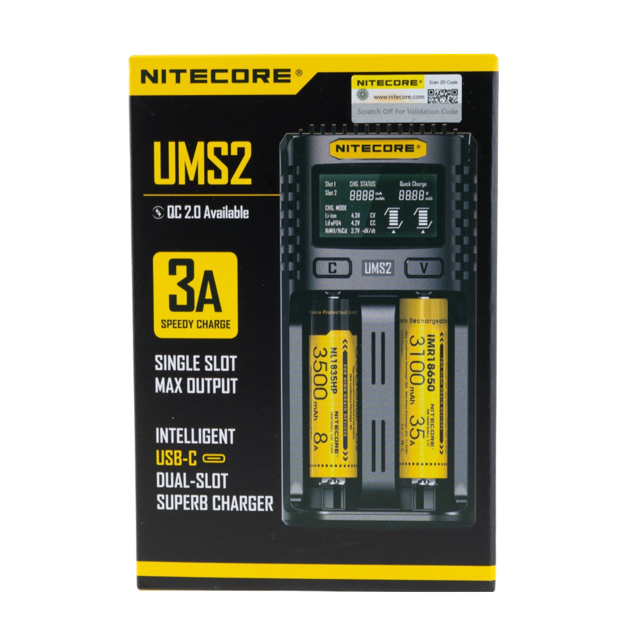 Nitecore UMS2 Dual-Slot USB Fast Charger, for 18650, 21700 batteries