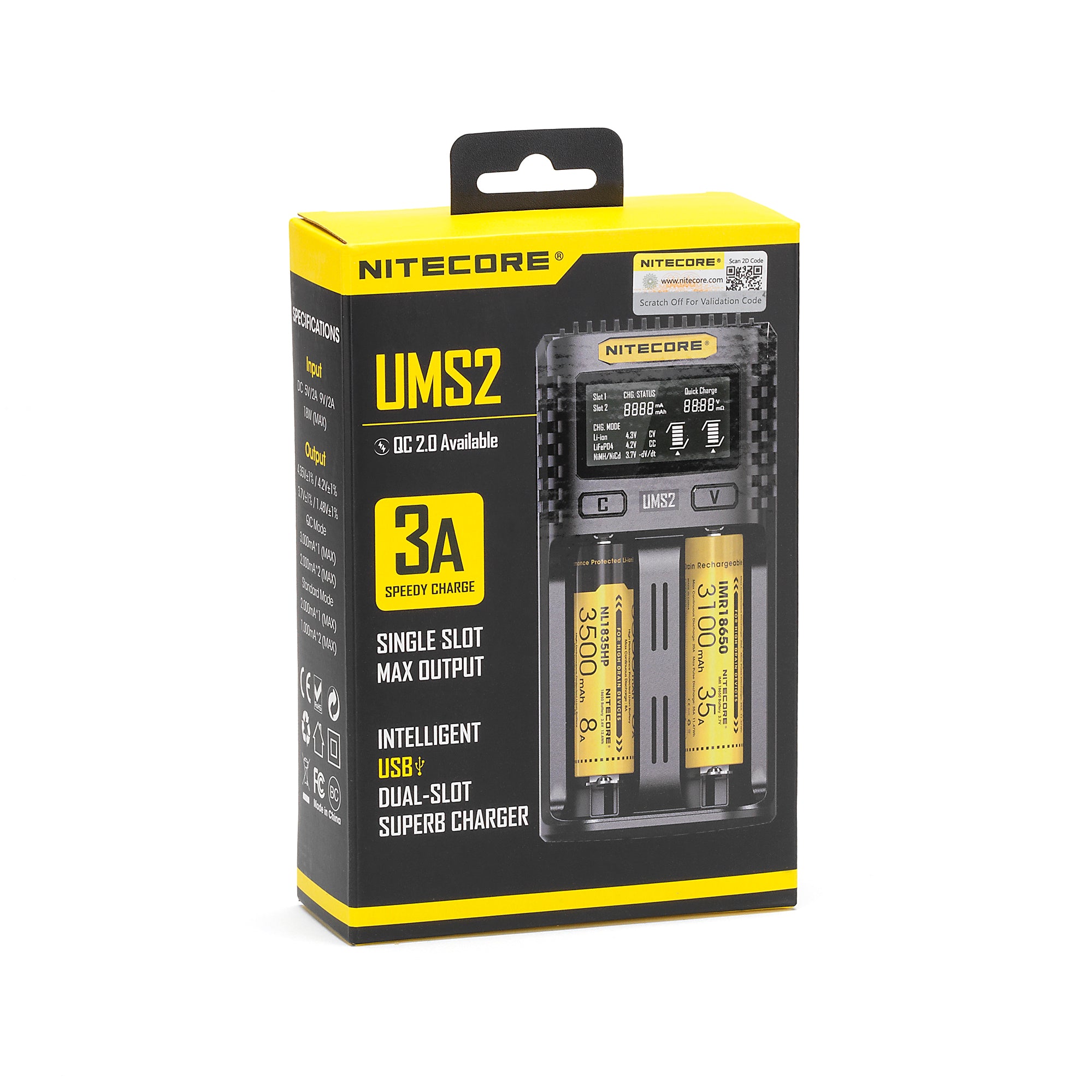 Nitecore UMS2 Dual-Slot USB Fast Charger, for 18650, 21700 batteries