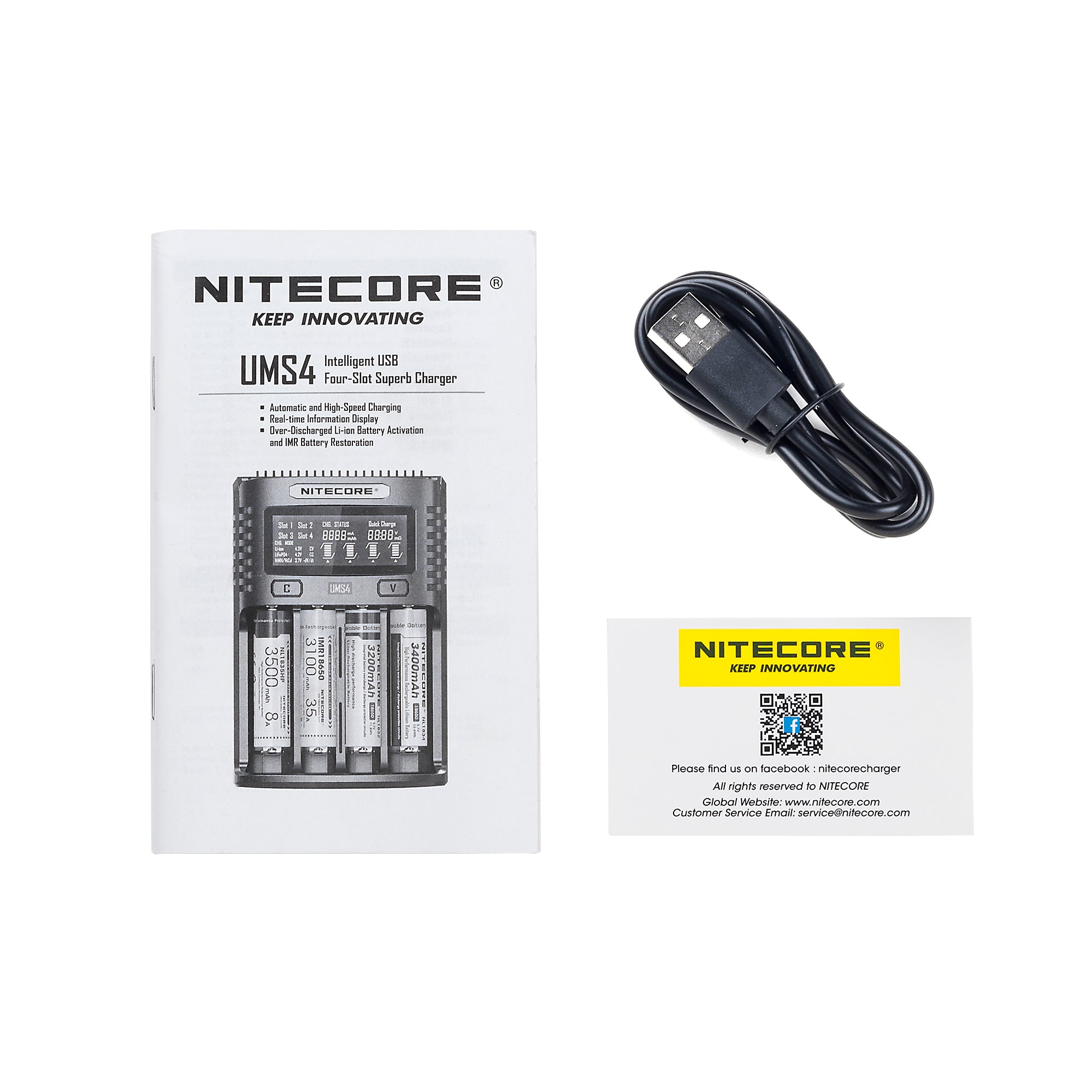 Nitecore UMS4 USB Four-Slot USB Fast Charger, for 18650, 21700 Batteries