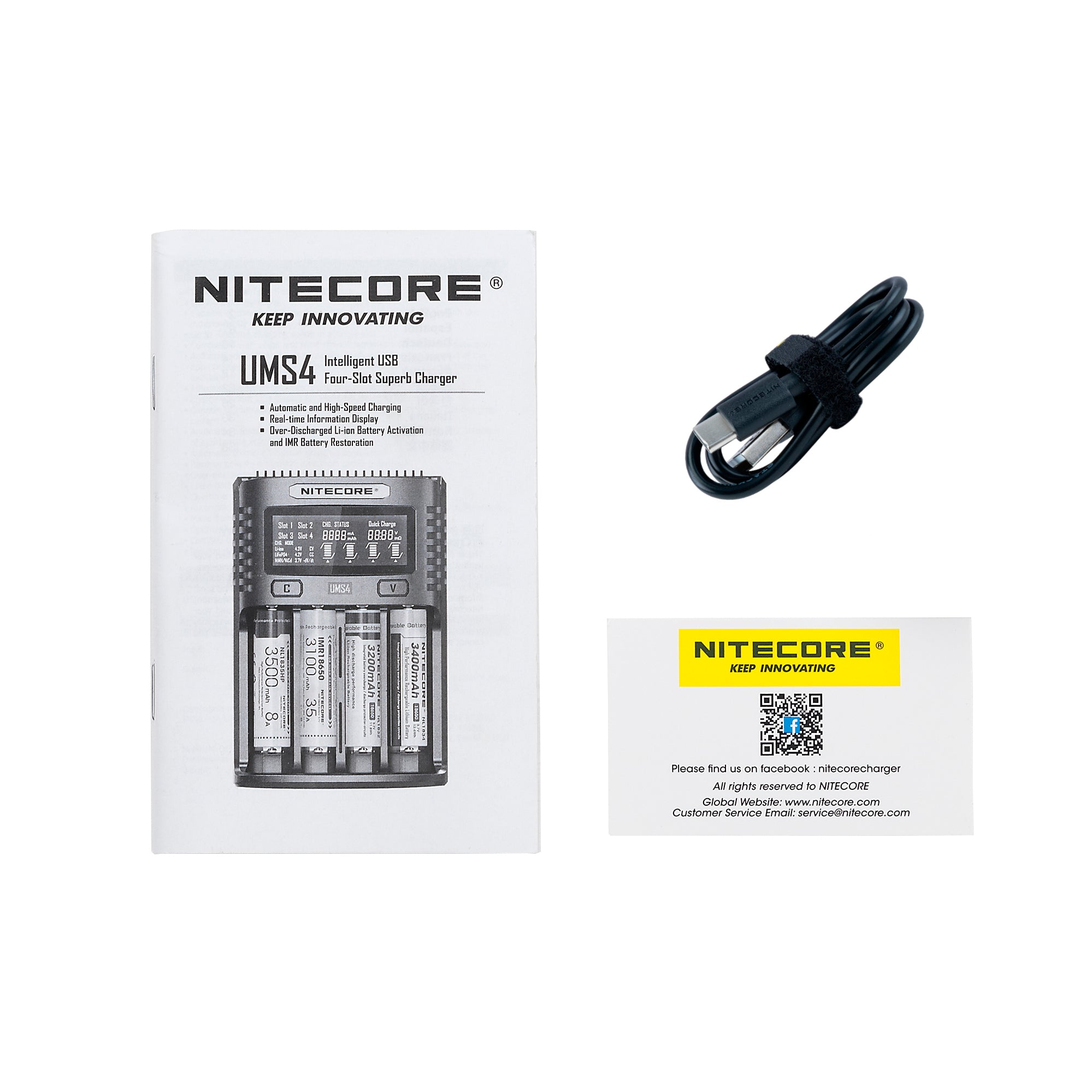 Nitecore UMS4 USB Four-Slot USB Fast Charger, for 18650, 21700 Batteries