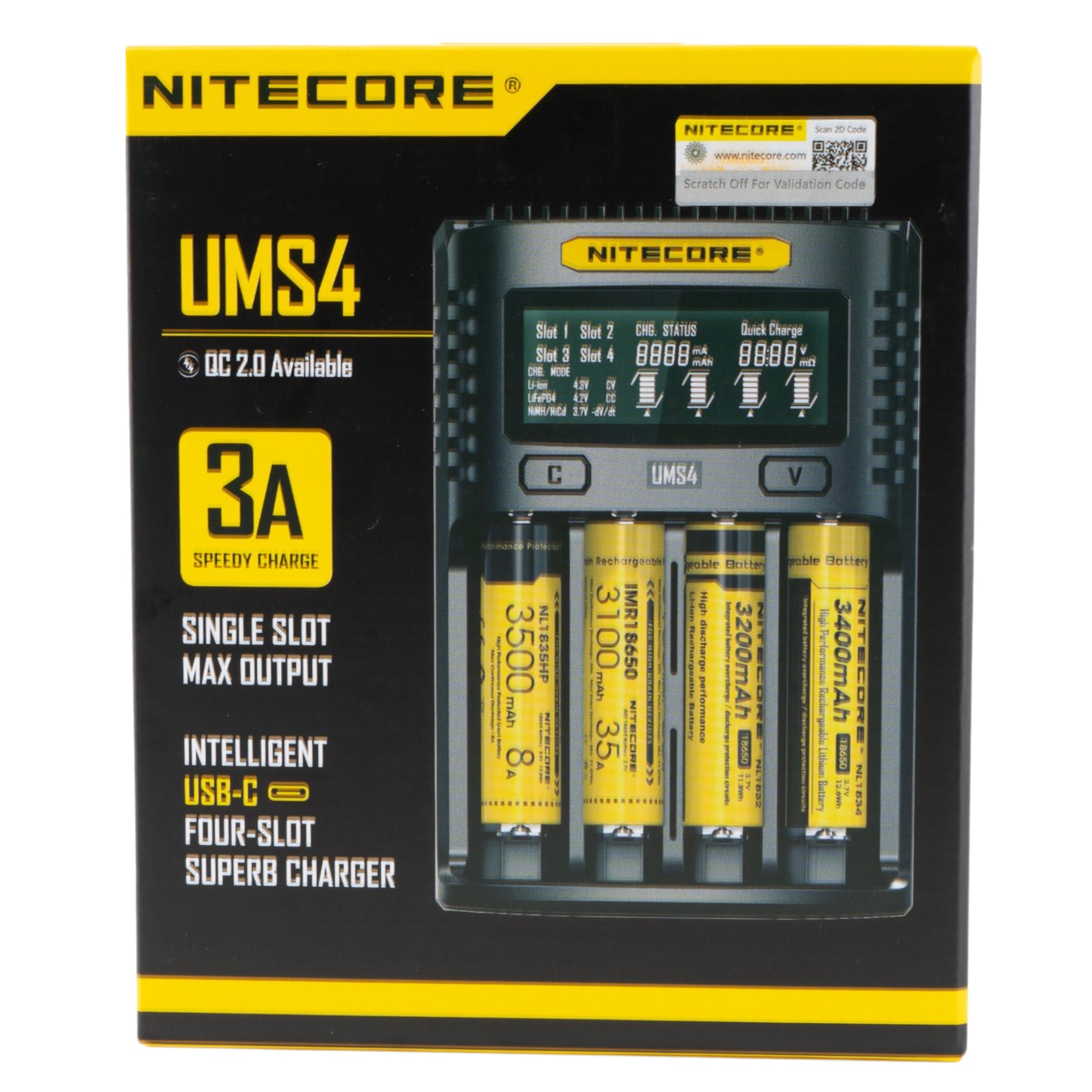Nitecore UMS4 USB Four-Slot USB Fast Charger, for 18650, 21700 Batteries